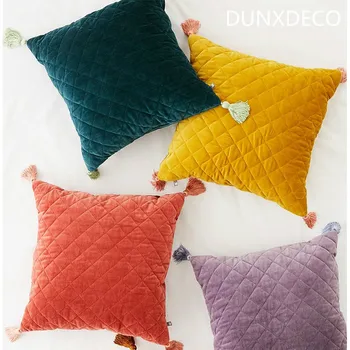 

DUNXDECO Cushion Cover Decorative Square Pillow Case Modern Simple Geometric Patchwork Luxury Velvet Tassel Coussin Sofa Deco