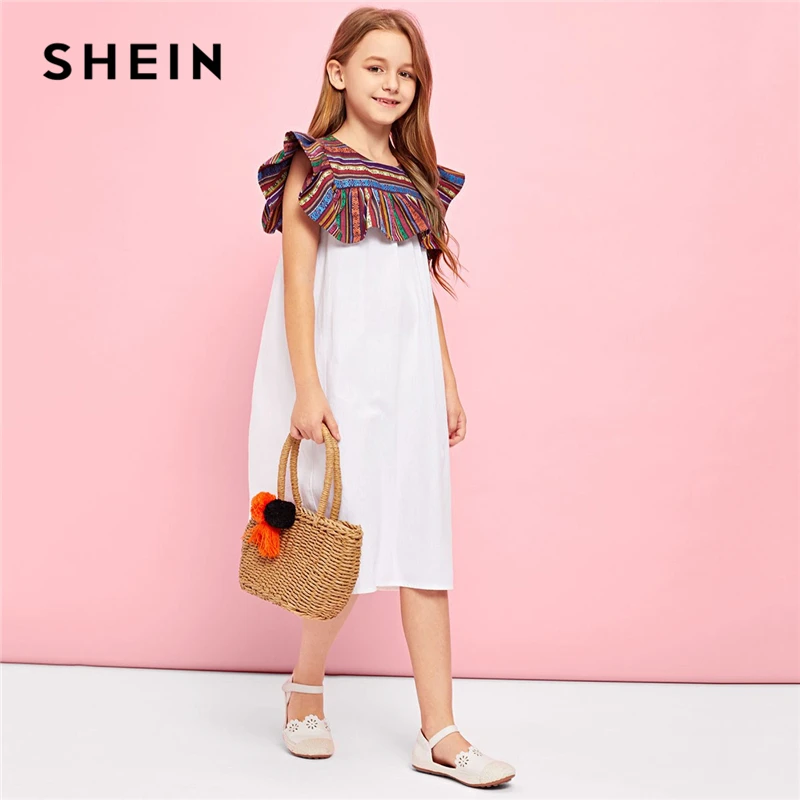 SHEIN Kiddie/белое платье с вырезом-замочкой на спине и контрастными пуговицами для девочек-подростков; вечерние платья для девочек; коллекция года; сезон лето; платье-трапеция без рукавов для девочек