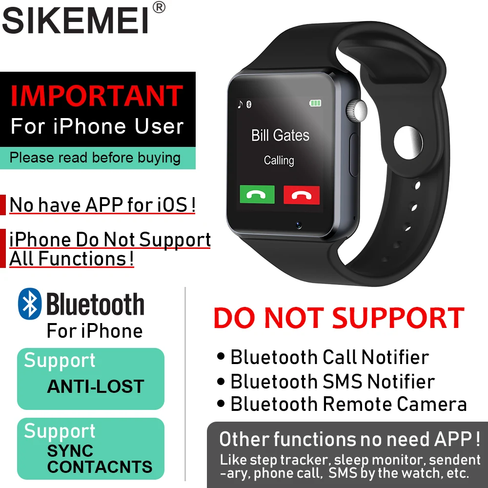 SIKEMEI Bluetooth Smart Watch Smartwatch Phone with Pedometer Touch Screen Camera Support TF SIM Card for Android iOS Smartphone