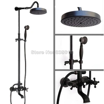 

Black Oil Rubbed Bronze Wall Mounted Rain Shower Faucet Set with Handheld Shower + Bathroom Dual Handles Tub Mixer Taps Wrs667