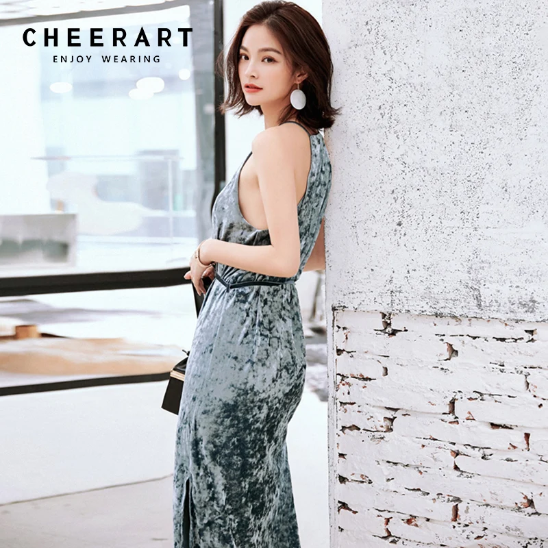 

Cheerart Deep V Neck Velvet Sexy Party Dress 2018 Women Spaghetti Strap Long Ladies Wrap Dress Club Wear Costumes