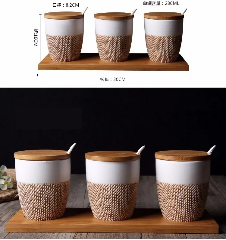 Кухонная керамика сахар соль перец банки для хранения емкость для приправ бутылки для хранения с бамбуковой крышкой лоток 3 шт набор - Цвет: J