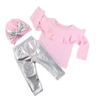 

Ins children's clothing hot sale models girls fungus lace t-shirt + silver leggings + bow hat three-piece