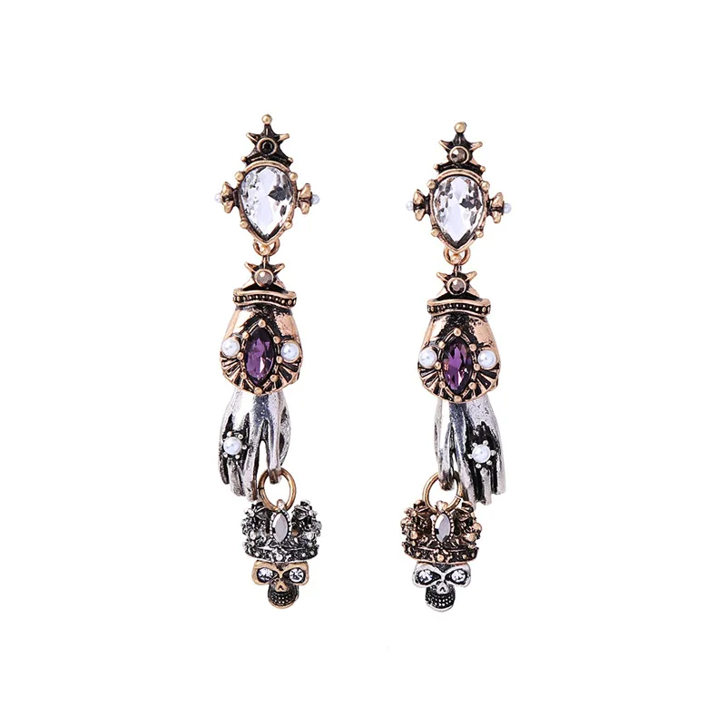 

BOB IGIULAI Brand Neo-Gothic Punk Drop Earrings Women 2019 Skull And Hand Alloy Pendant Earrings Zircon And Pearl Long Earrings