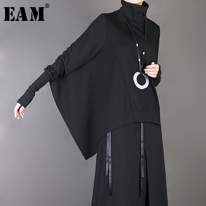 

[EAM] 2019 New Spring Summer High Collar Brief Long Batwing Sleeve Black Loose Big Size Sweatshirt Women Fashion Tide JY048