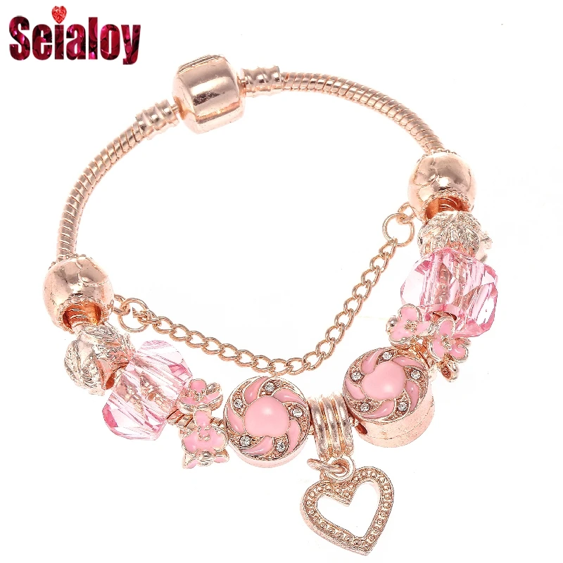 

SEIALOY Fashion Rose Gold Pandora Bracelet Bangles For Women Pink Heart Shape Beads Fit Girls Femme Charm Bracelets Gifts
