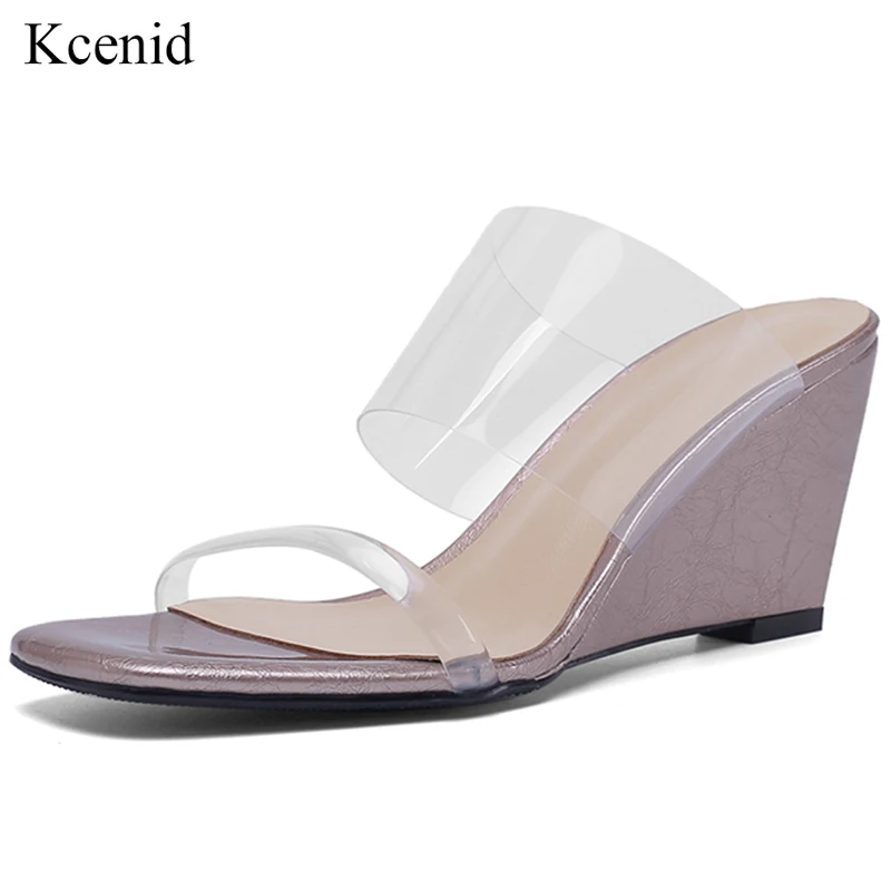 

Kcenid New transparent PVC slippers woman open toe footwear wedges high heels concise slides female mules shoes woman summer
