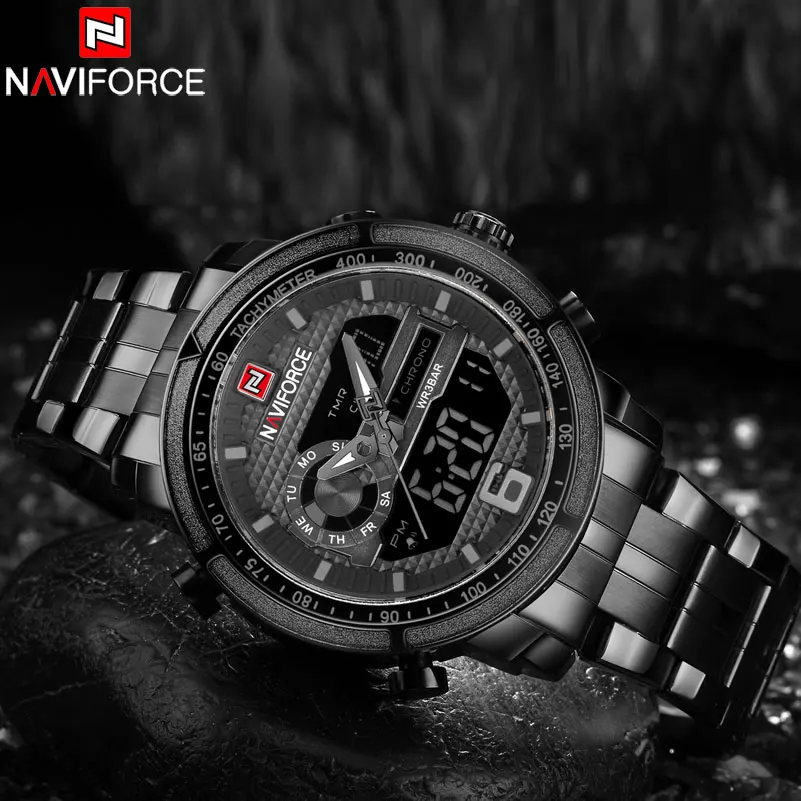 Часы наручные NAVIFORCE Мужские кварцевые Брендовые спортивные цифровые с кожаным
