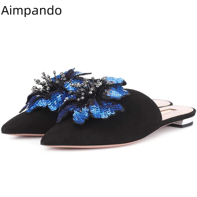 

2019 Sequined Bead Flower Slipper Woman Pointed Toe Black Pink Suede Flat Shoes Women Sandals Summer