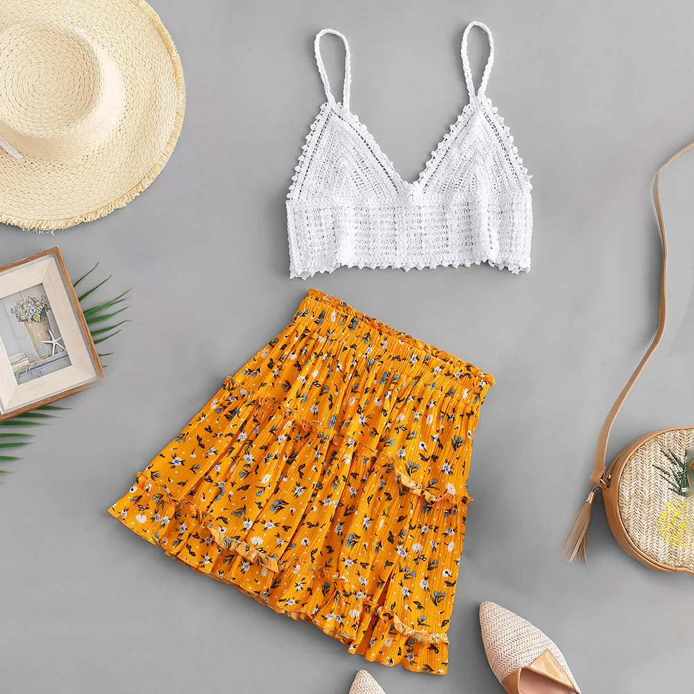 

ZAFUL Two Piece Set Cami Crochet Top And Floral Skirt Set Sexy Spaghetti Strap Lace Crop Top High Waist Skirt Women Bohemia Suit