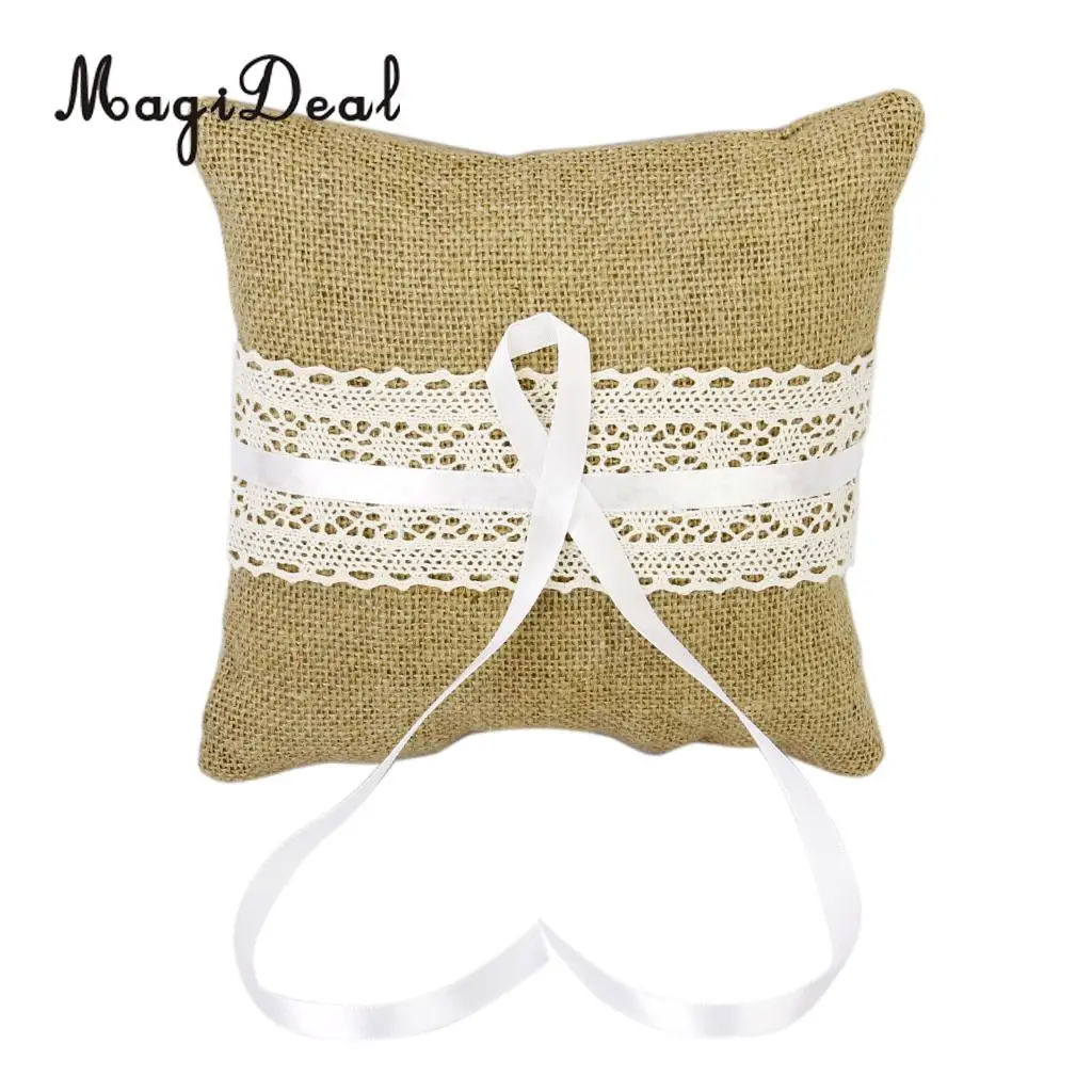 MagiDeal 20cmx20cm Vintage Burlap Bow Rustic Wedding Party Pocket Ring Pillow Lace Trim Wedding Decoration Supplies