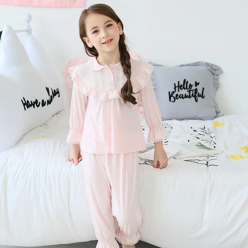 Toddler Pajamas Kids Sleepwear Cotton Lace Long Sleeve Retro Home