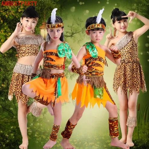 

2018 Children Indian Savage Leopard Costume Boys Girls Cosplay Costumes Halloween Party Dress Purim Masquerade dress AMBESTPARTY