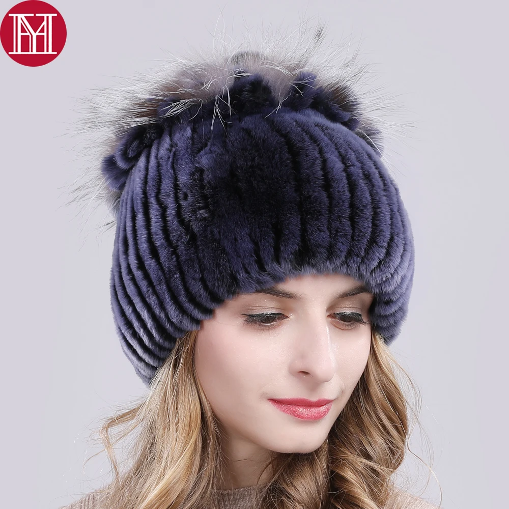 

2019 Russia Good Elastic Knitted Rex Rabbit Fur Beanies Hats Women Real Rex Rabbit Fur Hat 100% Real Natural Rex Rabbit Fur Caps