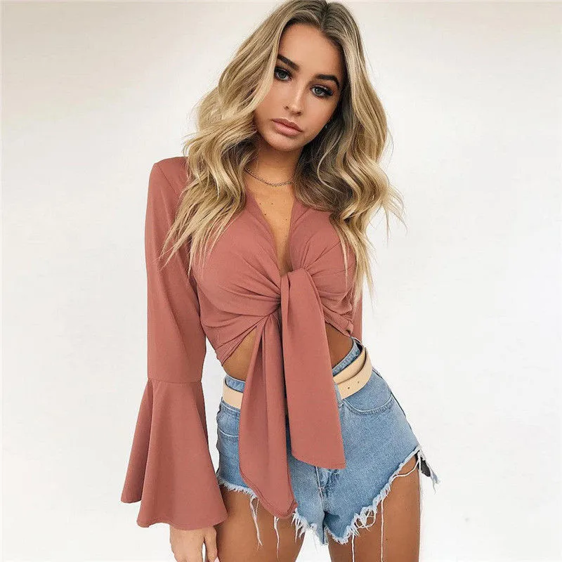 

Flare Sleeve Women New Fashion Crop Tops Ladies Summer Lace up Sexy T-shirt Solid Color Fashion Loose Ladies Tops