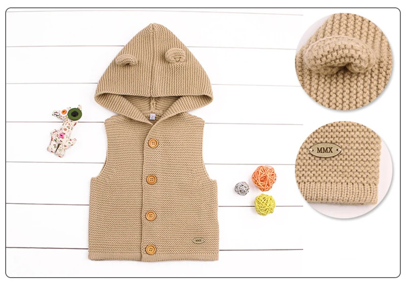 Для маленьких мальчиков и девочек Вязание жилет, жилет с капюшоном, зимний толстый теплый свитер ручной работы Одежда для новорожденных с милыми ушками шапка одежда CL5163