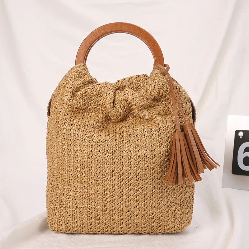

Casual Wooden Portable Straw Bag Vintage Handmade Rattan Women HandBags Woven Buckets Bags Bohemian Tote Summer Beach Bag