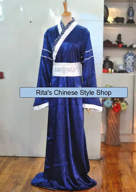 Dark Blue Silver White Hidden Dragon Pattern Narrow Sleeve font b Men s b font Costume