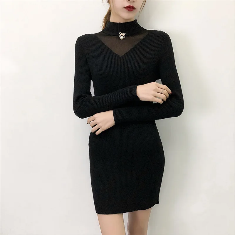 

Black Sweater Dress Autumn Winter Women Sexy Mesh Patchwork Knitted Dress Lady Beading Bodycon Knitted Dresses Harajuku Robe