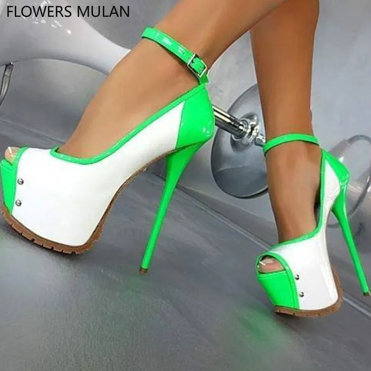 

Mixed Color Light Green White Leather Women High Heels Shoes Peep Toe Cover Heel Gladiators Platform Sandals Ladies Mary Janes
