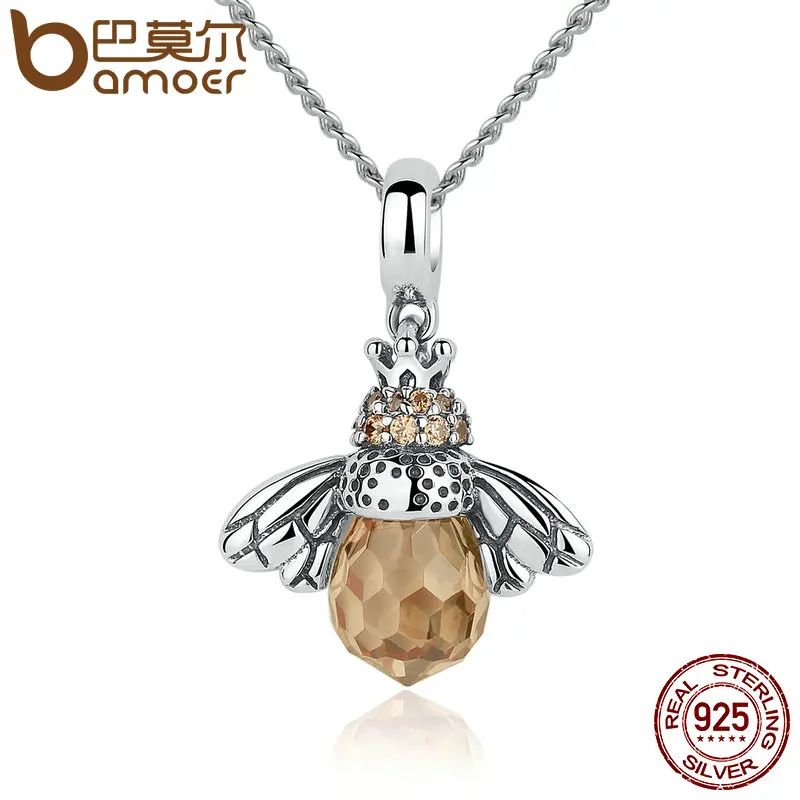 BAMOER 925 Sterling Silver Lovely Orange Bee Pendants For Women Girl Necklace Statement Jewelry SCC035