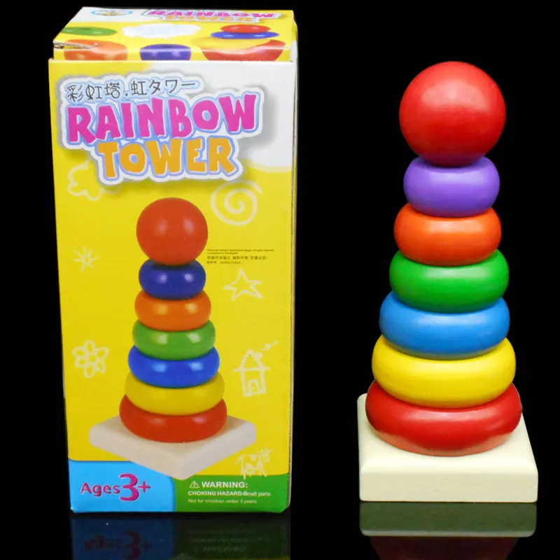 Бесплатная доставка детей дерева Малый mini tower Башня Rainbow игрушка цвета радуги кольцо 8 слой строительные блоки Детские деревянные игрушки