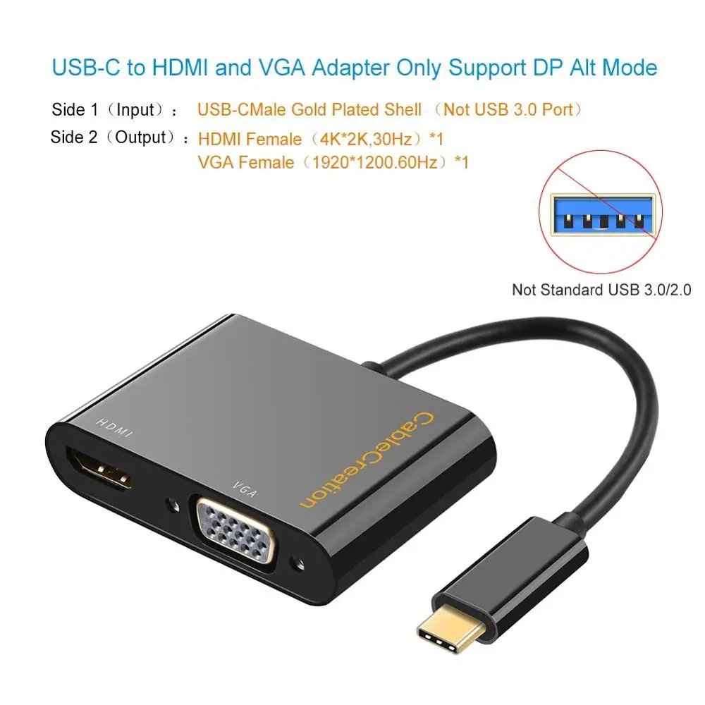 Адаптер USB C HDMI + VGA CableCreation Type (совместимый с Thunderbolt 3) 4K совместимый Macbook Pro и т.