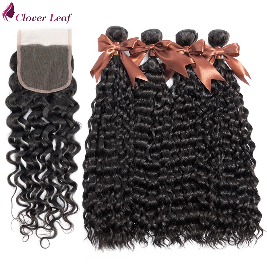 

Clover Leaf Water Wave Human Hair 3 Bundles With Closure Malaysian Non Remy Hair Weave Bundles With 4*4 Closure 8-28 Inch