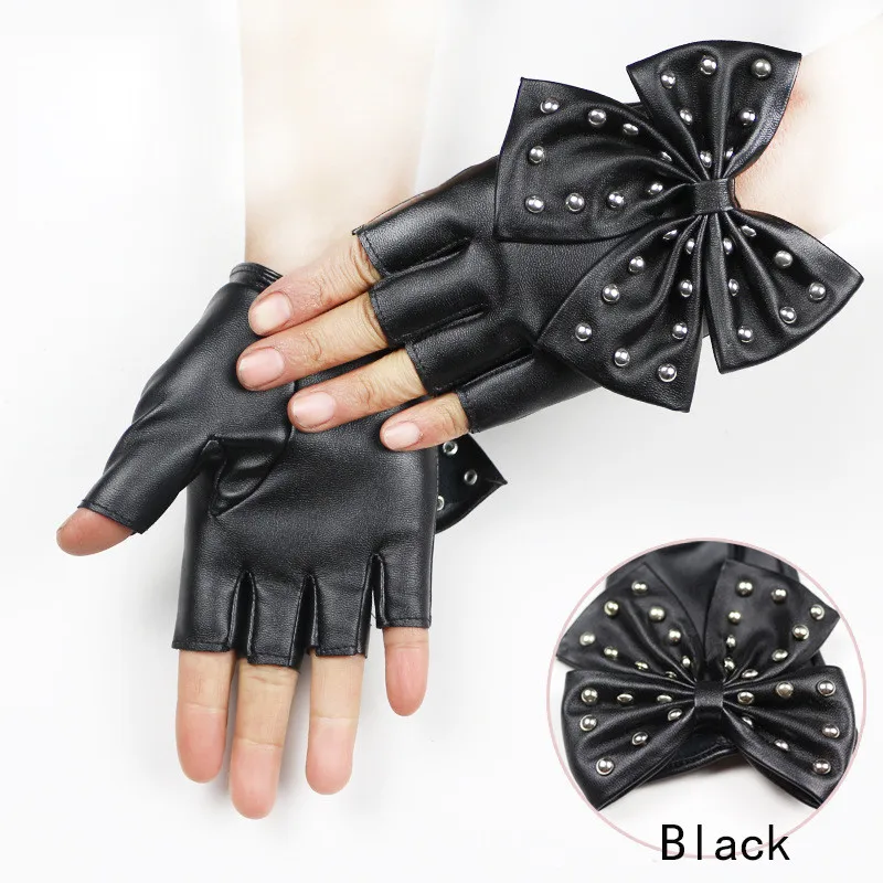 Модные женские панковские танцевальные перчатки с заклепками на половину пальца женские спортивные фитнес-перчатки из искусственной кожи с бантом рукавицы Тактические перчатки без пальцев для девочек Luvas - Цвет: Blcak