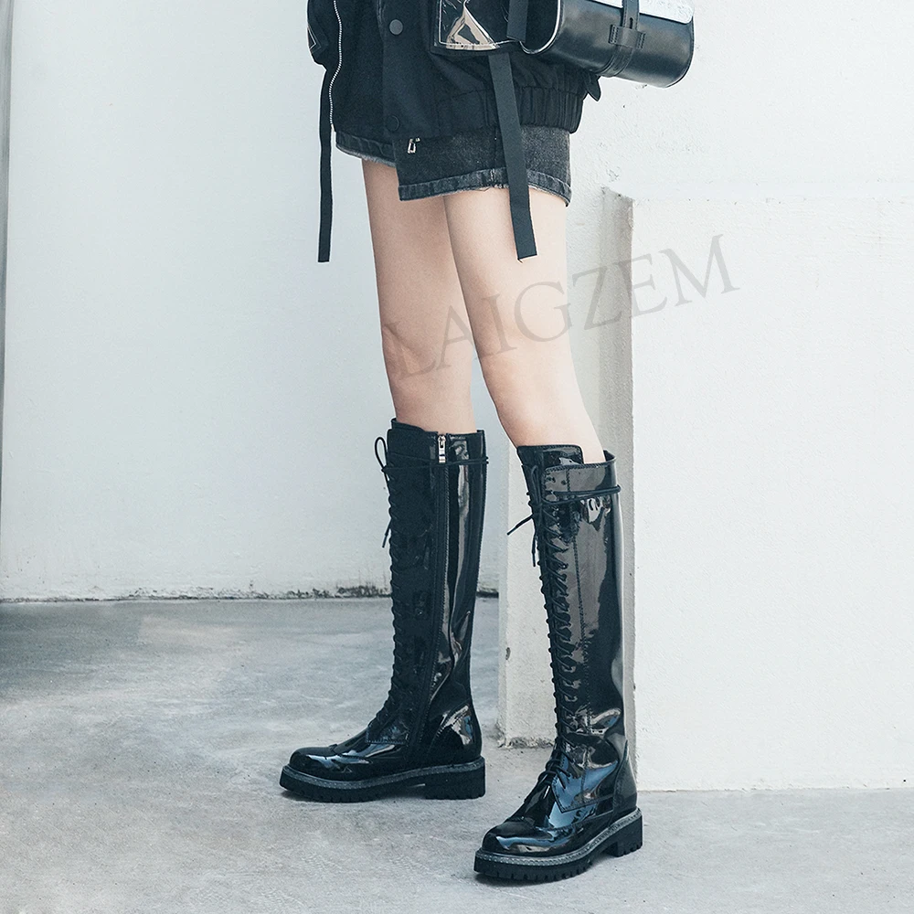 LAIGZEM FASHION Knee High Boots LEATHER Waterproof Side Zip Chunky Heels Riding Boots Wide Calf Shoes Botines Mujer Size 33-41