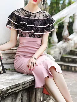 

Pink and Wine Red Color Ladies HL Bandage Dress Butterfly Sleeve Sexy Lace Bodycon Knee Length Dress Evening Party Dress