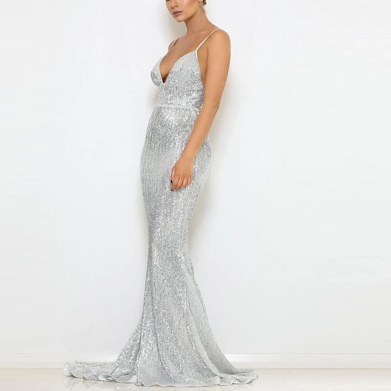 

2019 Sexy Padded V Neck Stretchy Sequined Party Dress Full Lining Backless Silver Bodycon Floor Length Dress Champagne Black