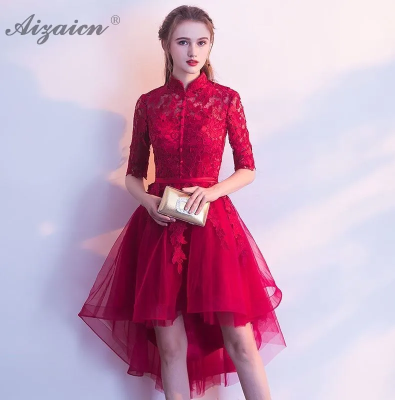 2019 Новые беременных короткие Cheongsam Современные Нерегулярные Кружева Сексуальные Платья Ци Пао Для женщин китайский свадебное платье