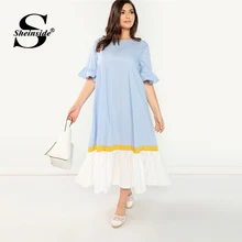 Sheinside размера плюс рукав с воланом лоскутное Макси платье для женщин летнее элегантное платье с рюшами с коротким рукавом прямое платье