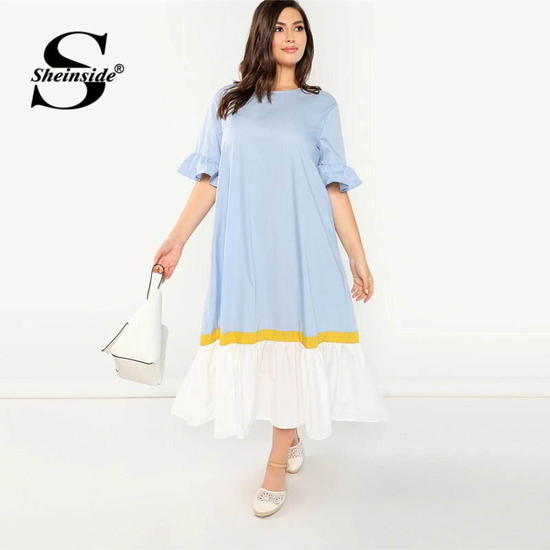 

Sheinside Plus Size Flounce Sleeve Patchwork Maxi Dress Women 2019 Summer Elegant Ruffle Hem Dresses Short Sleeve Straight Dress