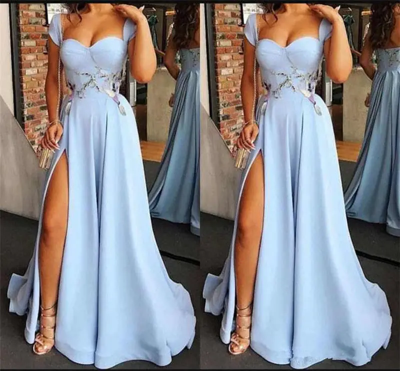 

A Line Straps Long Prom Dresses Formal Party Evening Gowns Elegant Cap Sleeves Split
