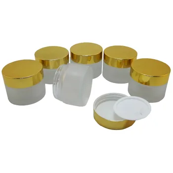 

6pcs Cosmetic Skin Care 50ml Frost Glass Cream Lotion Wide Mouth Jar With Shiny Gold Aluminum Lid