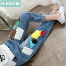 Весенние джинсы для девочек детские брюки в стиле пэчворк для девочек Новинка года, детская одежда штаны для отдыха для маленьких детей возрастом 4, 6, 8, 12, 14 лет