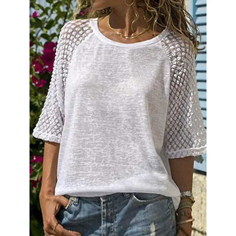 

Summer White Tshirt Women Boho Mesh Top Sexy Fashion Sweet Plus Size Tee Shirts Simple Thin Beach Casual Loose T Shirt Female