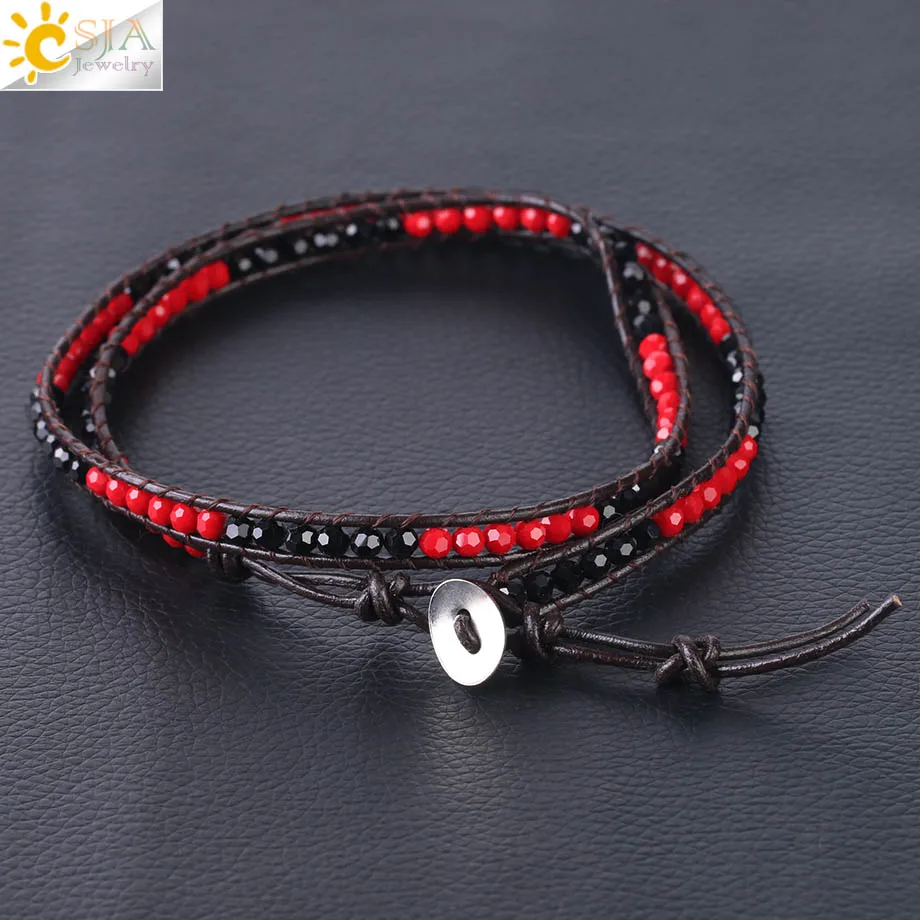 Csja 7 мм ширина тройные кожаные браслеты и браслеты красные стеклянные хрустальные браслет из бусин женская подвеска Бохо ювелирные изделия S119