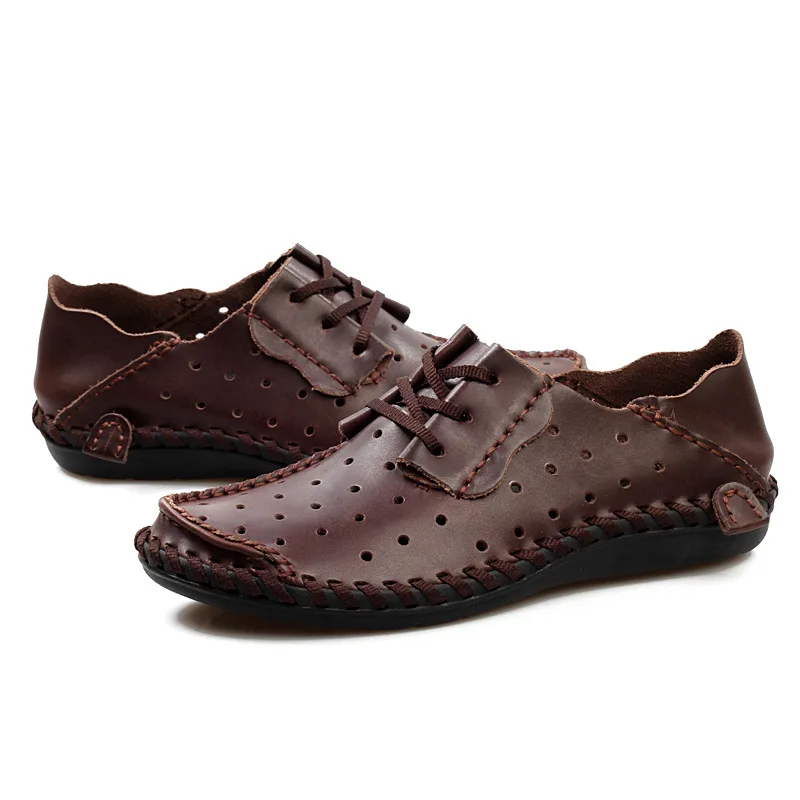 

Free travel Oxford cloth shoe bag Autumn new size pure cowhide walking shoes, outdoor soft sole hollow driving men's shoes38-50