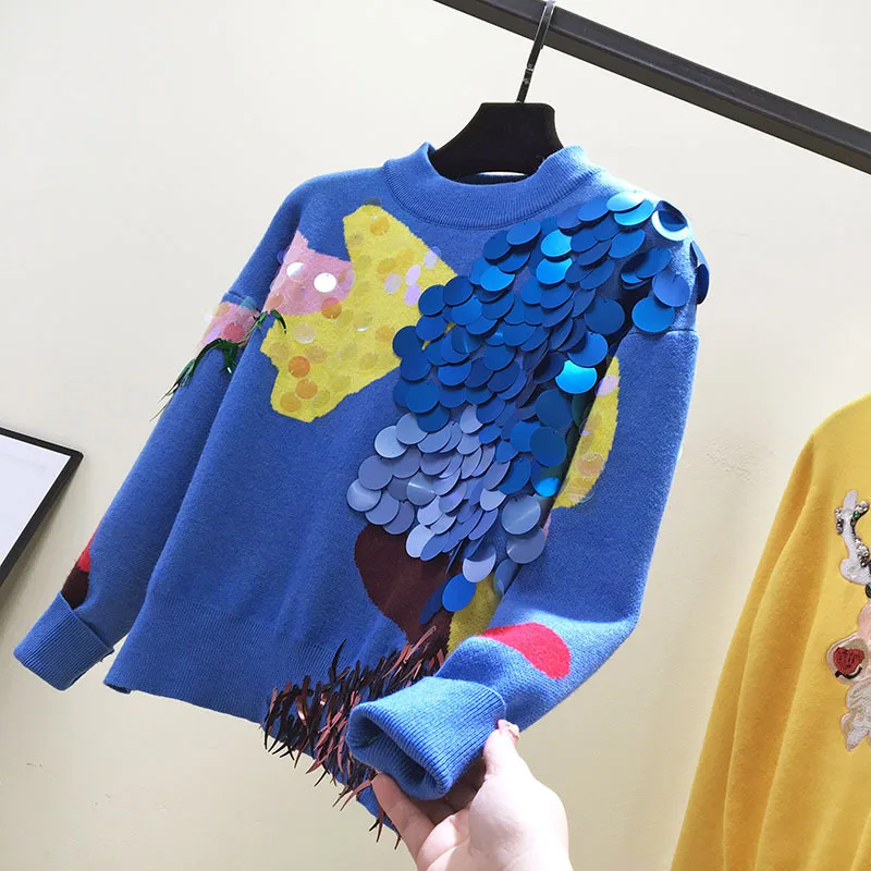 Бренд, Осень-зима, женские синие свитера, пуловер, подиум, дизайнерский, роскошный, с блестками, на Рождество, корейский, вязанный джемпер, одежда