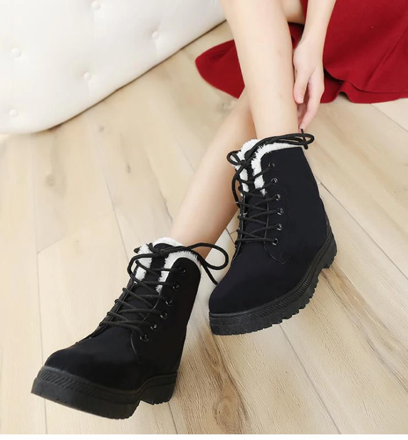 VTOTA Women Snow Boots Warm Winter Boots Botas Mujer Flat Lace Up Fur Ankle Boots Platform Ladies Winter Shoes Black H189