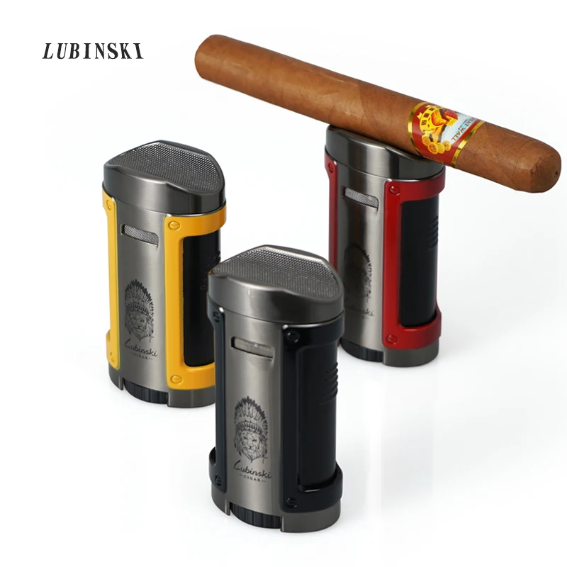 

LUBINSKI Visual Gas Window Refillable Cigar Lighter Metal Table 4 Torch Jet Cigarette Lighters With Blue Case For COHIBA