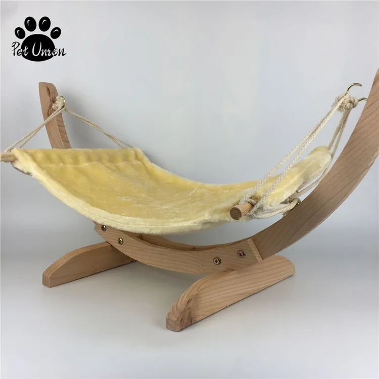 Cat Hammock Bed Natural Wood Handmade Cradle Swing Coral Fleece Soft