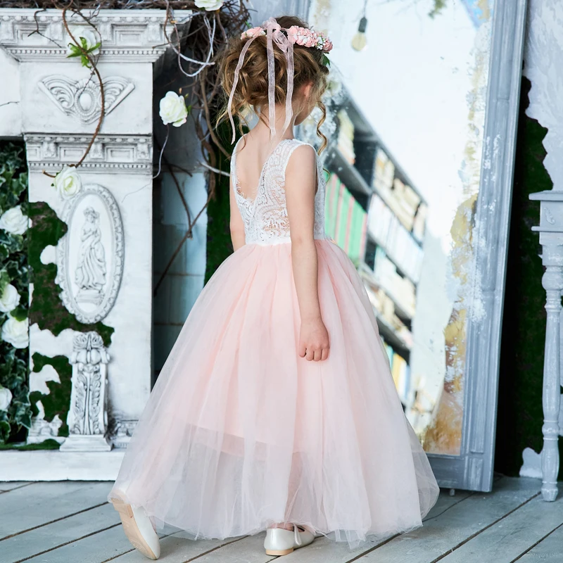 Летние Детские платья для девочек, кружевное платье без рукавов с открытой спиной и v-образным вырезом на спине, вечерние принцесса вечернее платье, пышные платья подружки невесты