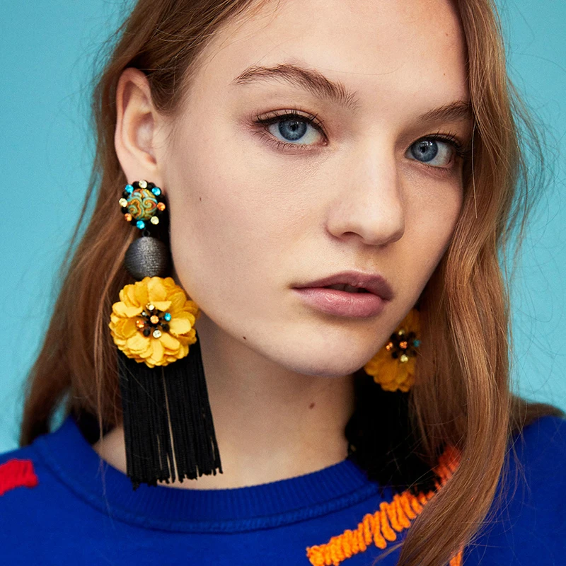 

Fashion Handmade Bohemian Big Flower Tassel Drop Earrings for Women Statement Colorful Fringing Dangle Earrings Wedding Jewelry