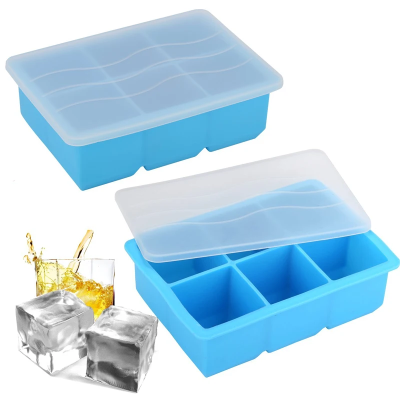 6 Grid Square Ice Cube Maker Big Silicone Ice Cube Tray Mold Frozen Ice Cream Chocolate Mold with Lid Bar Party Kitchen Gadgets