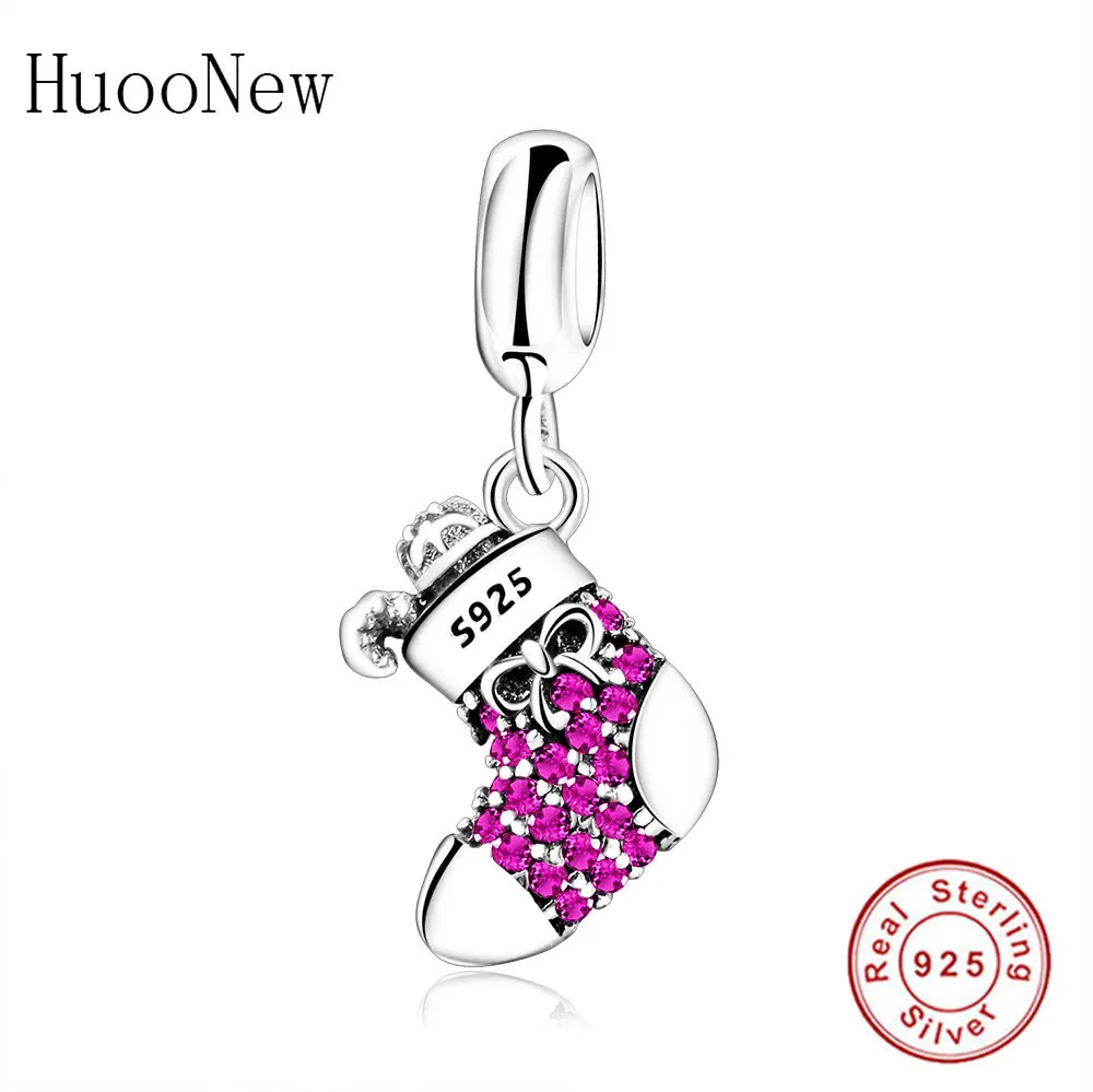 

HuooNew Fit Original Pandora Charms Bracelet 925 Sterling Silver Shoe Bow Purple CZ Stone Bead Necklace Pendant Making Berloque