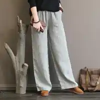 Johnature 2019 Women Casual Linen Pants Elastic Mid Waist Striped New Autumn Art Loose Fashion Straight Full Length Pants